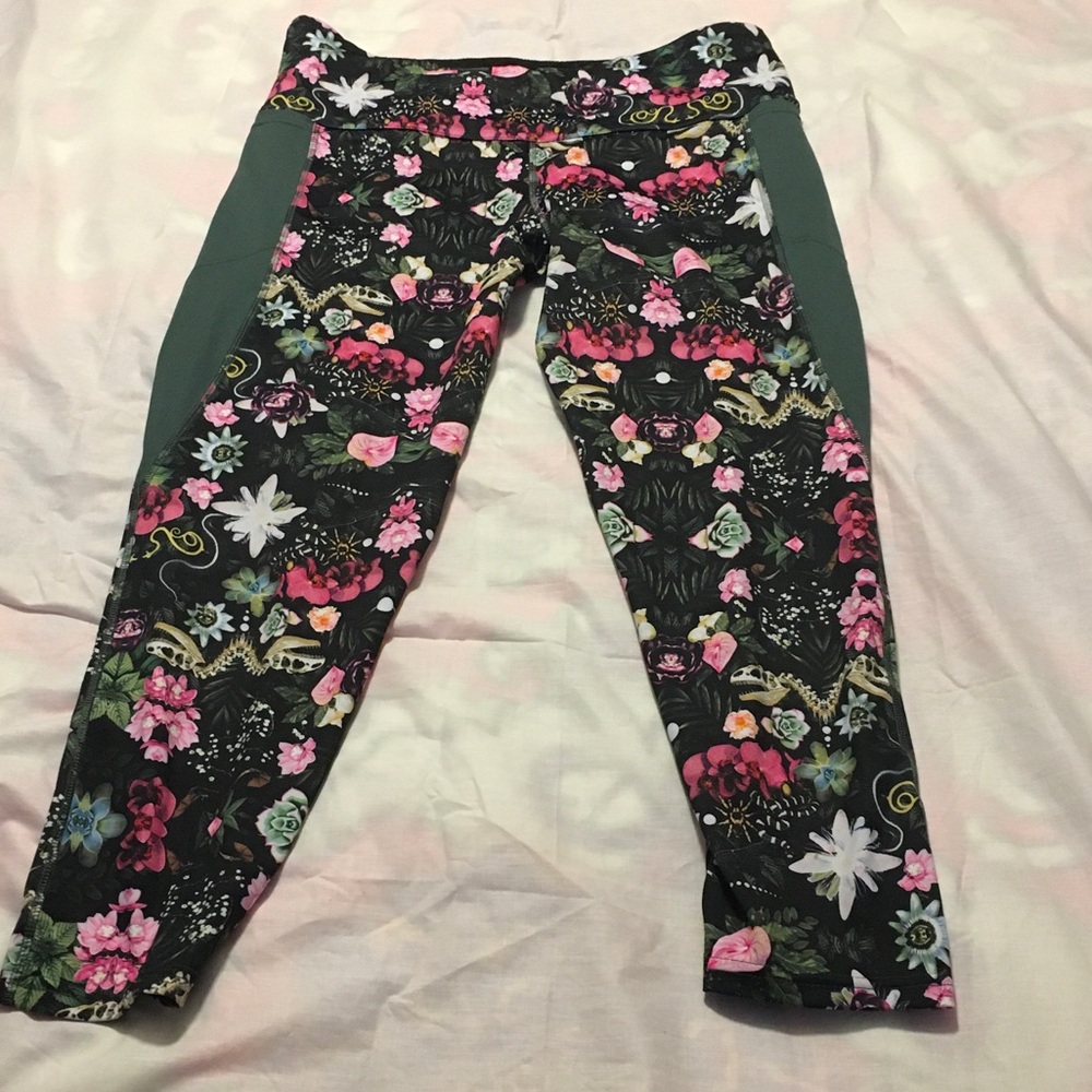 BlackMilk Goth Floral Print Workout Leggings with Green Side Panels